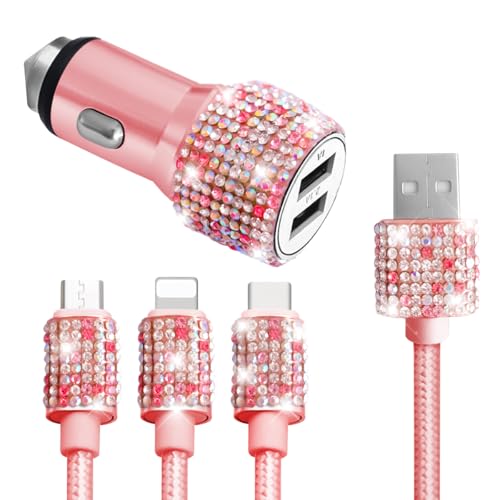 Bling Dual USB Car Charger with 3-in-1 Multi Fast Charging Cable, Dual Port Charger Adapter with Type C Micro USB Cord for iPhone, Android, Rhinestones Car Interior Accessories for Women(Pink)