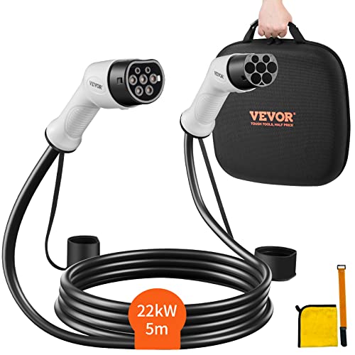 VEVOR Cable de Vehículo Eléctrico Tipo 2 a Tipo 2 Cable de Carga EV 32A 22kW Cable de 5m IP66 Impermeable con Bolsa de Transporte para IEC62196 Híbrido de Carga de Coches Eléctricos CE TUV Tres Fases