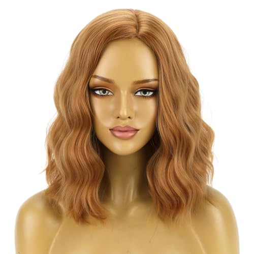 Image of BERON Strawberry Blonde Wigs for Womens Short Curly Wavy Wig Girls Blonde Brown Side Part Wigs Shoulder Length Heat Resistant Synthetic Cosplay Party or Daily Use