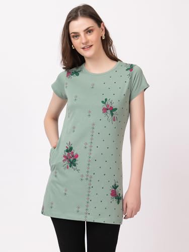 Image of Women Printed Cotton Tshirt with Side Slits & Pocket
