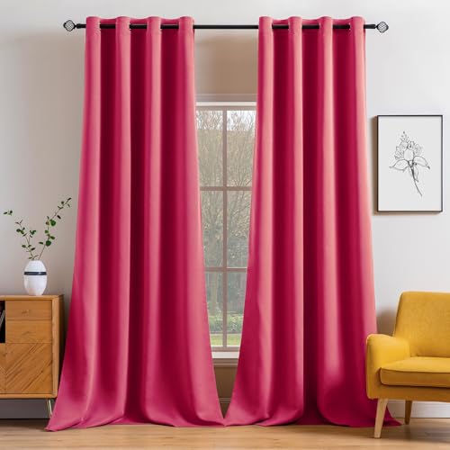 MIULEE Blackout Curtains 96 Inches Long for Bedroom Living Room Thermal Insulated Black Out Drapes Room Darkening Grommet Top Solid Light Blocking Drapery Set of 2 Window Panels Hot Pink