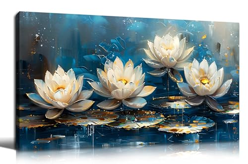Large Canvas Wall Art for Living Room Bedroom Home Office Blue White Lotus Flower Picture Framed Canvas Prints Artwork Ready to Hang Size 24x48