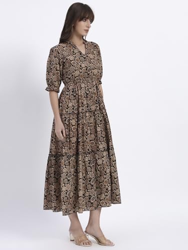 Image of Women's Fit and Flare Dress I Pure Cotton Long Summer Maxi Dress I V-Neck I Casual Wear I Printed Kalamkari Floral Middi