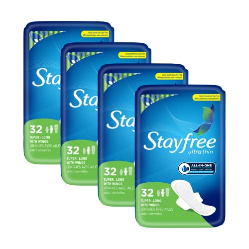 Stayfree Ultra Thin Super Long Pads with Wings For Women, Reliable Protection and Absorbency of Feminine Moisture, Leaks and Periods, 32 count - Pack of 4
