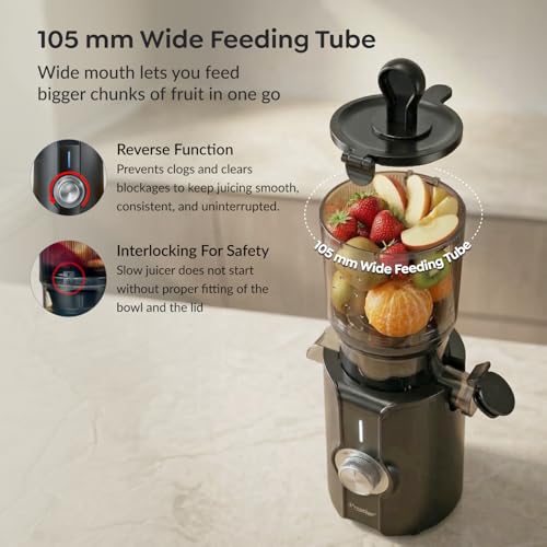 Image of Prestige Natura 200W Cold Press Slow Juicer | 105mm Wide Chute | Interlocking Safety | Reverse Function | Juice and Pulp Collectors | Quiet Operation | Easy to Clean | Black | 2 Year Warranty