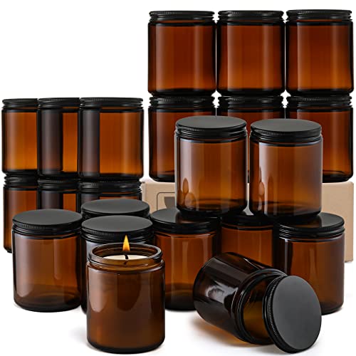 24 Pack, 8 OZ Thick Amber Candle Jars for Making Candle - Round Glass Jars with Lids - Empty Food...