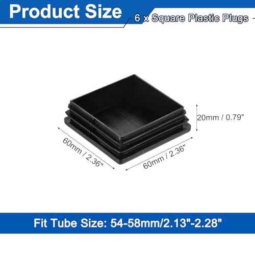 Image of uxcell 6Pcs Square Plastic Plugs, 60 x 60mm /2.36 x 2.36inch PE Pipe Tubing End Caps for 54-58mm /2.13-2.28inch Square Tube Furniture Chair Leg, Black
