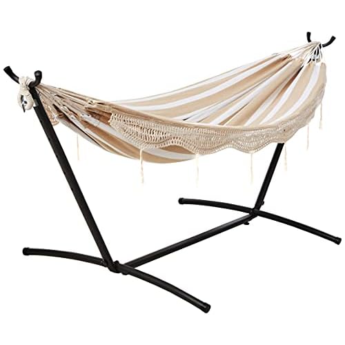 Amazon Basics Double Hammock with 9-Foot Space Saving Steel Stand and Carrying Case, 450 lb Capacity, Beige Stripe with Lace, 110 x 47 x 43 inches