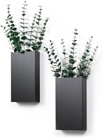2 Pack Metal Wall Planter Vases Decor with Artificial Eucalyptus, Modern Farmhouse Rustic Hanging Pocket Planters for Indoor Greenery and Flowers, Living Room Bedroom Kitchen and Stairway Decoration