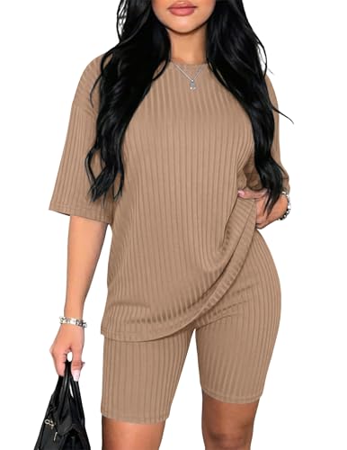 Image of Ekouaer Pajamas 2 Piece Lounge Sets Ribbed Knit Matching Outfits T-shirt Biker Shorts Sleepwear Loungewear Sweatsuits