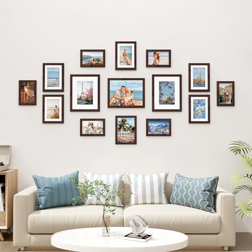 Image of Vittanly 15 Pack Picture Frames Collage Wall Decor for Mounting or Tabletop Display, Gallery Frame Set for Family, Multi Sizes Including 3pcs 8x10, 6pcs 5x7, 6pcs 4x6, Light Brown