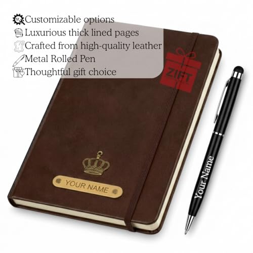 Image of Zift Personalized Name & Charm Leather HardCover Diary with Pen | Daily Journal Notebook for Men & Women |Gift Set for Men Women, Office Journal, Travel Diary | Corporate Gifts, Gift Ideas (Coffee Brown)