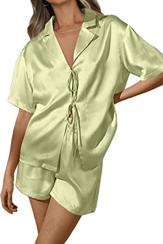 CHYRII Women's Silk Satin Pajamas Sets Tie Front Short Sleeve Tops and Shorts Two Piece Pj Sets Sleepwear, Mint Green, Large