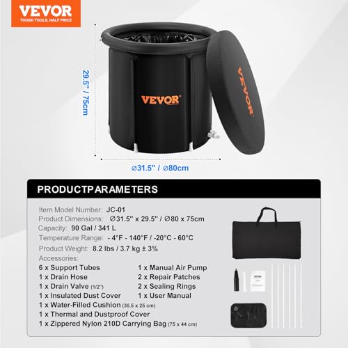 VEVOR Eisbadewanne, 80 cm langes Tauchbecken für Kaltwassertherapie für Sportler, tragbares Outdoor-Eisfass-Tauchbecken zur Erholung, 290 l aufblasbare Faltbadewanne mit Abdeckung