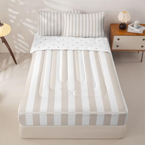 Striped Zipper Comforter Set Beige White Stripes Twin Bedding Sets Classic Vertical Stripe 1 Zipper Comforter + 1 Fitted Sheet + 2 Pillowcases Modern Geometric Minimalist 4Pcs Complete Bedding Set