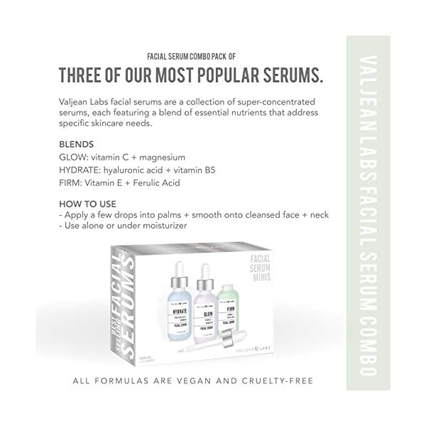 Valjean Labs Facial Serum, Combo Pack of Hydrate, Glow, and Firm | Supercharged, Targeted Skincare Ingredients | Paraben Free, Cruelty Free, Made in USA (1oz Bottles)