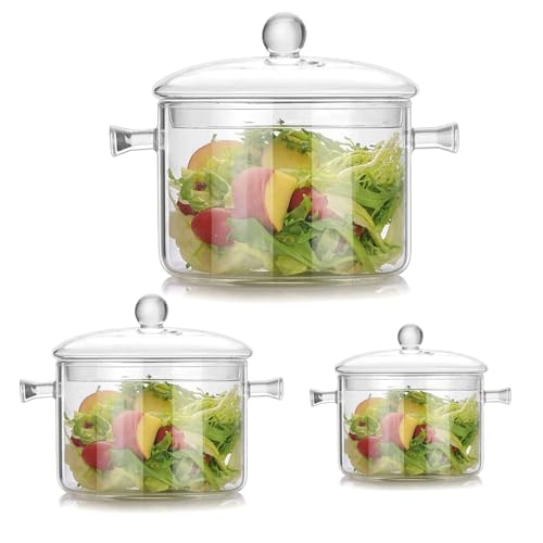 Glass Cooking Pot - 2L/67oz Heat-Resistant Borosilicate Glass Handmade Cookware Set stovetop Pot - Safe for Pasta Noodle Soup Milk (Set of three double-handled pots (1400ml + 1600ml + 1900ml))