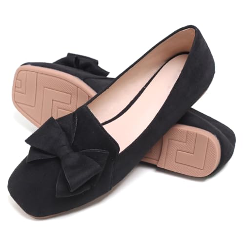 Image of WENJIAZHIZHI Square Toe Bow Ballet Slip-On | Classic Suede Finish,Chic Bow Detail,Effortless Everyday Style,Wedding Party Office,Plus Size Available
