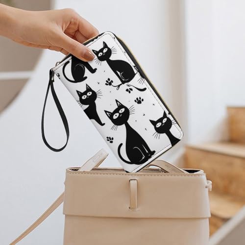 Girl's Long PU Wallet, Travel Purse Fashion Design, Huge Storage Capacity Purse, Cute Decor Zipper Wallet With Rope Funny Black Cats 7