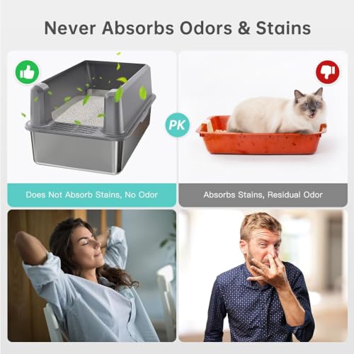 Image of Stainless Steel Litter Box, Open Top High Sided Cat Litter Box for Big Cat | XL, 1 Scoop, Anti-Urine Leakage, Non-Stick Odor-Free, Easy Clean, High Sides Block Spray, Reduce Litter Tracking, Durable