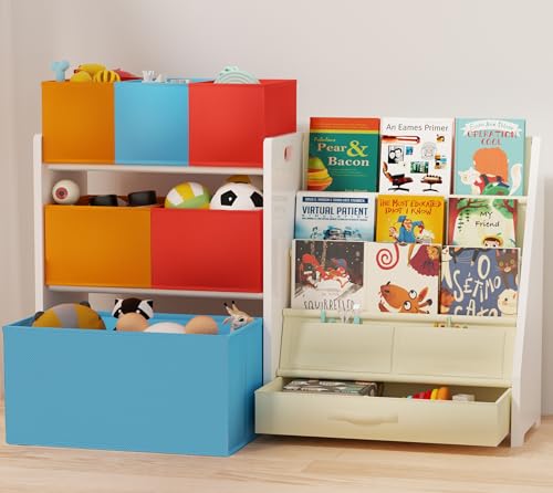 Toy Organizer with Bookshelf, Large Capacity Toy Storage Organizer with 6 Foldable Toy Bins, 3-Tier Solid Wood Kids Bookshelf and Toy Storage, Easy Assembly Toy Shelf Organizer
