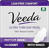 Veeda Natural Cotton Day Pads for Women - Heavy Flow Absorbent Ultra-Thin Feminine Pads with Wings - Hypoallergenic Period pad - Unscented & Chlorine free Sanitary Napkins - 14 Count