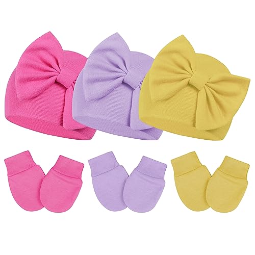Image of Zando Baby Newborn Girl Beanie Hat with Big Cotton Bow and Mitten Set - Winter Hat for Girls & Boys