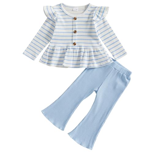 Mubineo Toddler Baby Girl Clothes Cute Ribbed Outfits Knit Long Sleeve Shirt Tops Bell Bottom Pant Fall Winter Outfit (Blue Striped, 2-3T)