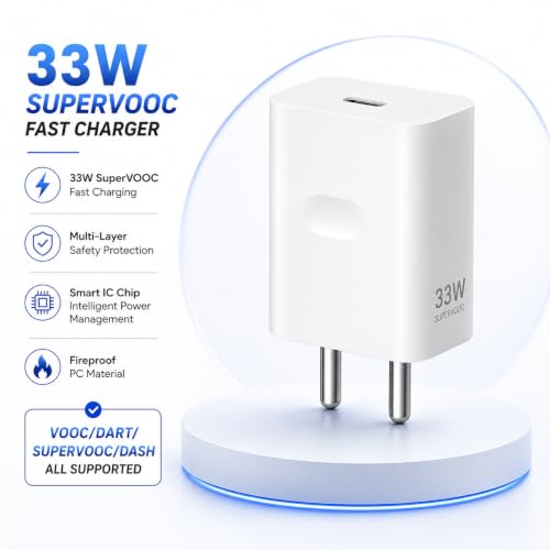 Image of 33W SuperVOOC Fast Charger with USB to Type-C Cable | High-Speed Fast Charging Adapter | Supports SuperVOOC, VOOC, Dash, Warp & Dart Charging, White
