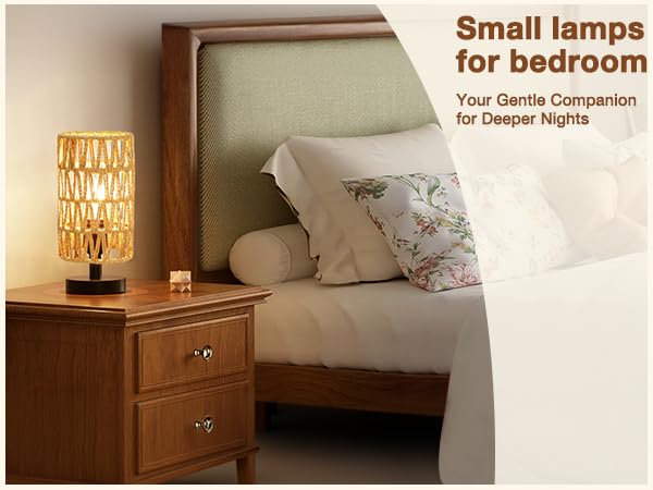 Image of Fenmzee Small Table Lamp for Bedroom - Inline Control, Bedside Lamp with 3000K A15 LED Blub, Easy Assembly(Rattan Rope Shade-Black Base,9 inch Inline Control)