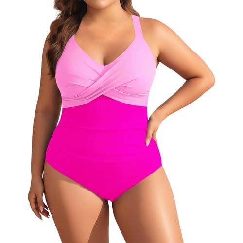 Generisch Traje de baño retro de talla grande con cobertura completa, Rosa intenso., L