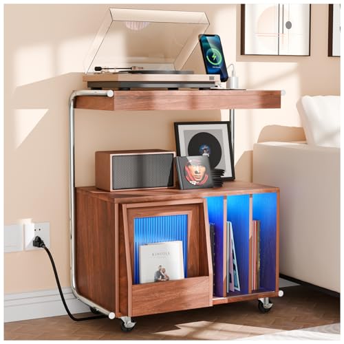 Large Record Player Stand with Sliding Door and Wheels,200 Vinyl Record Storage Cabinet, Record...