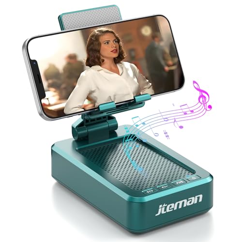 JTEMAN Cell Phone Stand with Wireless Bluetooth Speakers,Angle Adjustable Strong Pedestal Phone Stand for Desk,HD Sound and Bass Bluetooth Speaker Compatible with All Mobile Phones(Green)