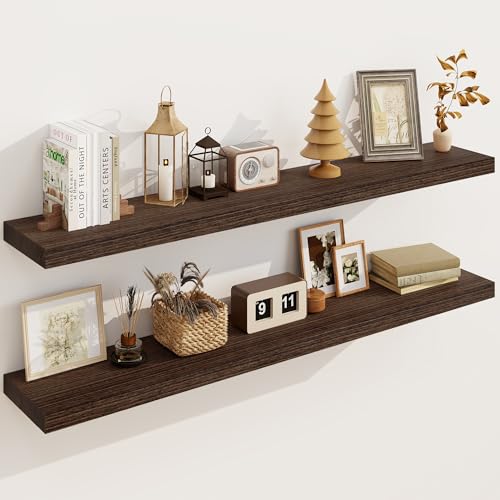 Solid Wood Floating Shelves for Wall 48'W x 8'D x 1.56'H Set of 2, Deep Wall Shelves for Living Room Bedroom Bathroom Kitchen Decor Storage with Invisible Heavy-Duty Metal Bracket, Rustic Brown
