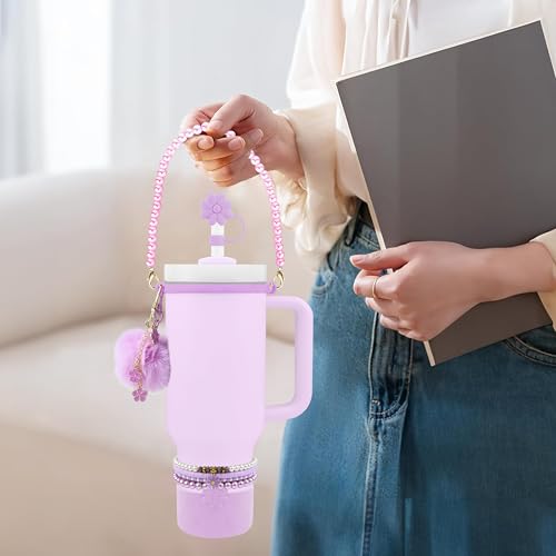 Hpebl 11pcs Cup Accessories for Stanley Cups 40/30oz,Including Straw Topper Cover 10mm(0.4in),Silicone Cup Boot,Handle Strap, Handle Charms for Stanley Cups Tumbler Accessories with Handle (Purple) — view 4