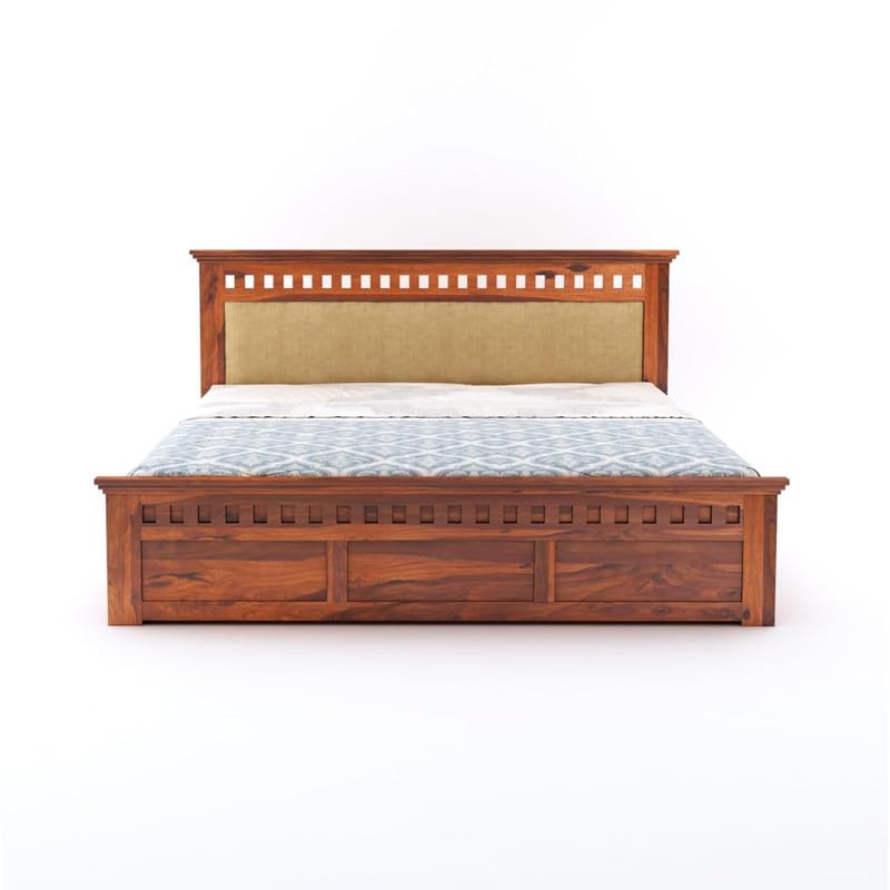 Image of Amazon Brand - Solimo Solid Sheesham Wood Kuber King Size Upholstered Bed with Box Storage + 2 Bedside | Wooden King Size Cot Bed | Double Bed with 2 Bedside Table for Bedroom (Honey Finish)