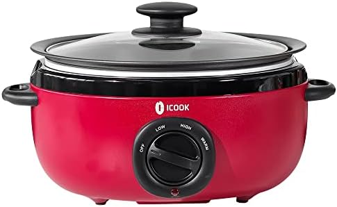 ICOOK USC-35-OP001RD 3.5 Quart Slow Cooker,Aluminium Sear/Sauté Stew Pot Stovetop safe,Dishwasher Safe,Glass Lid,Adjustable Temp,Food Warmer,Red