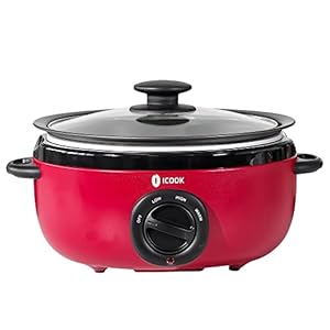 ICOOK USC-65-OP001RD 6.5 Quart Slow Cooker,Aluminium Sear/Sauté Stew Pot Stovetop safe,Dishwasher Safe,Glass Lid,Adjustable Temp,Food Warmer(Red)
