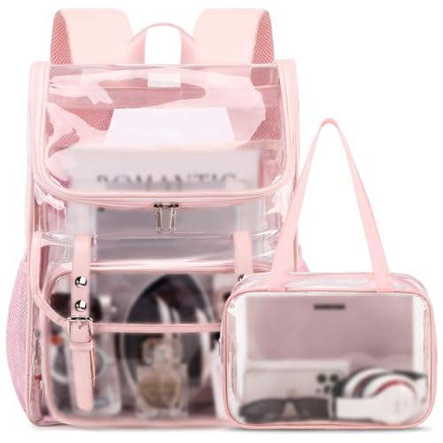 Image of DIGOBAY Clear Backpack with Lunch Bag Set, Leather Clear Backpack Heavy Duty Thick PVC Bookbag See Through Transparent Backpacks with Support Pad for Women Girls College Travel Work Pink | Thick PVC See Through Transparent Backpack for Girls Women for Stadium Events College Travel Work, Pink