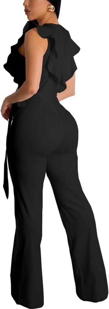 HBQ Womens Casual One Piece Jumpsuits V-Neck Sleeveless Ruffle Elegant Romper Wide Leg Pant Sexy Party Clubwear Overalls - Image 2
