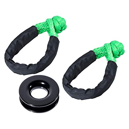 1X Black Recovery Ring 41,000 lbs + 2X Green Synthetic Soft Shackle Rope w/Protective Sleeve WLL 15,000lbs Breaking Strength 38,000lbs for Off-Road Recovery Marine Farming Industrial Mining