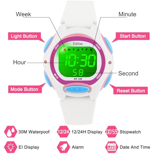 edillas kids watches digital girls boys 7 colors waterproof wristwatches for child sport outdoor multifunctional with stopwatchalarm watch ages 4-12