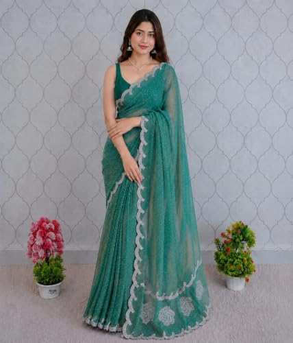 Image of Chiffon Satin Saree for Women with C Pallu PP Siroski Diamond Work, Cutwork Border & Matching Blouse Saree for Wedding, Festive and Traditional Occasions