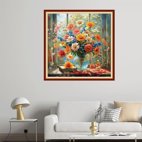 Image of Joyhoor Cross Stitch Kits for Beginners Stamped Cross-Stitch Supplies Needlework preprint Embroidery Kits for Adults DIY Needlepoint Kit Embroidery Patterns 11CT-Flowers in Front of Window 18x18 inch