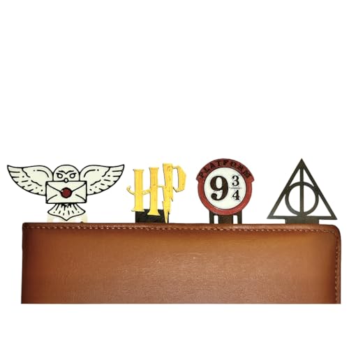 Image of Pack of 4 | Wizarding World Bookmarks | Hogwart Theme Collection with Owl Post, Lightning, Platform 9, Deathly Hallows Designs | Ecofriendly Bioplastic (HP Wizard Theme)