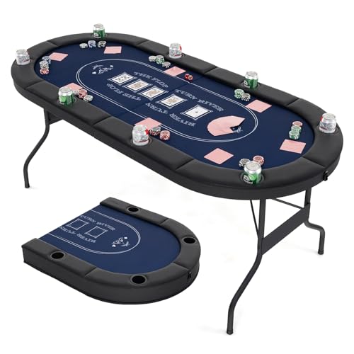 COSTWAY - COSTWAY Table de poker pliable pour 8 joueurs avec porte-gobelets et repose-bras rembourrés, table de poker de casino pour Blackjack, Texas Hold'em (bleu)