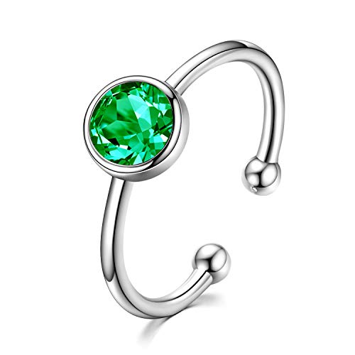 AOBOCO Sterling Silver Created Emerald Ring for Women May Birthstone Adjustable Stackable Wrap Open Ring, Crystals from Swarovski