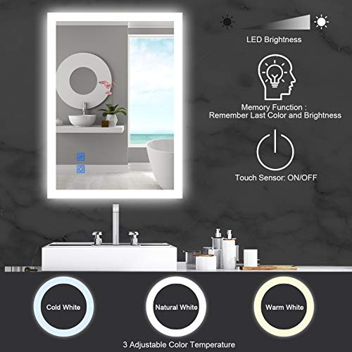 BBE LED Bathroom Mirror with Dimmable Light Anti-Fog Makeup Mirror Wall Mounted Horizontal/Vertical (36 x 28 Inch)