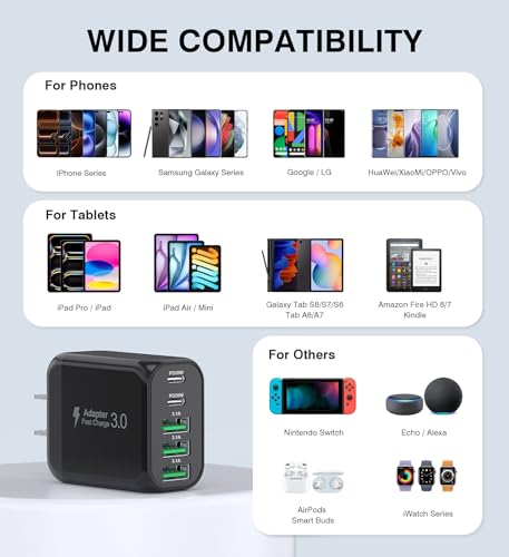 Image of 50W USB C Wall Charger Block, 2Pack 5-Port C Charger Fast Charging Block PD Power Adapter+QC Multiport Type C Box Brick Cube USB A Wall Plug for iPhone 15 /16 /17 Pro Max Plus, iPad,Galaxy S24 /S23
