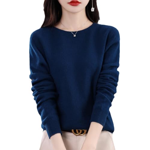 QuyiFa Suéteres de Cachemira para Mujer, jerséis de Cachemira, suéter de Lana Merino para Mujer, suéter de Punto Ligero (Azul Oscuro,M)